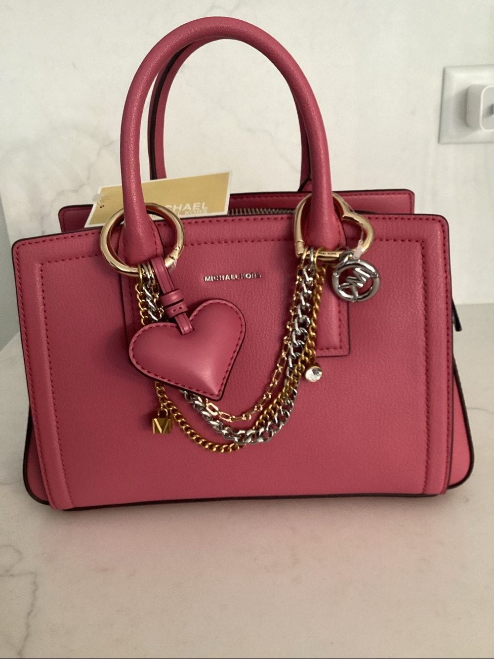 Michael Kors Raspberry Pink Leather Satchel with Charm Chains